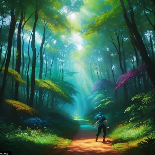 Boy Running Through Vibrant Fantasy Forest