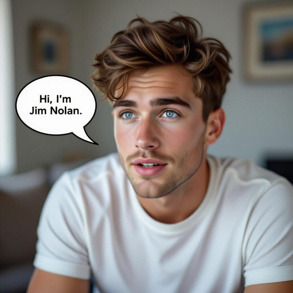 Young Man with Freckles Introduces Himself in Speech Bubble