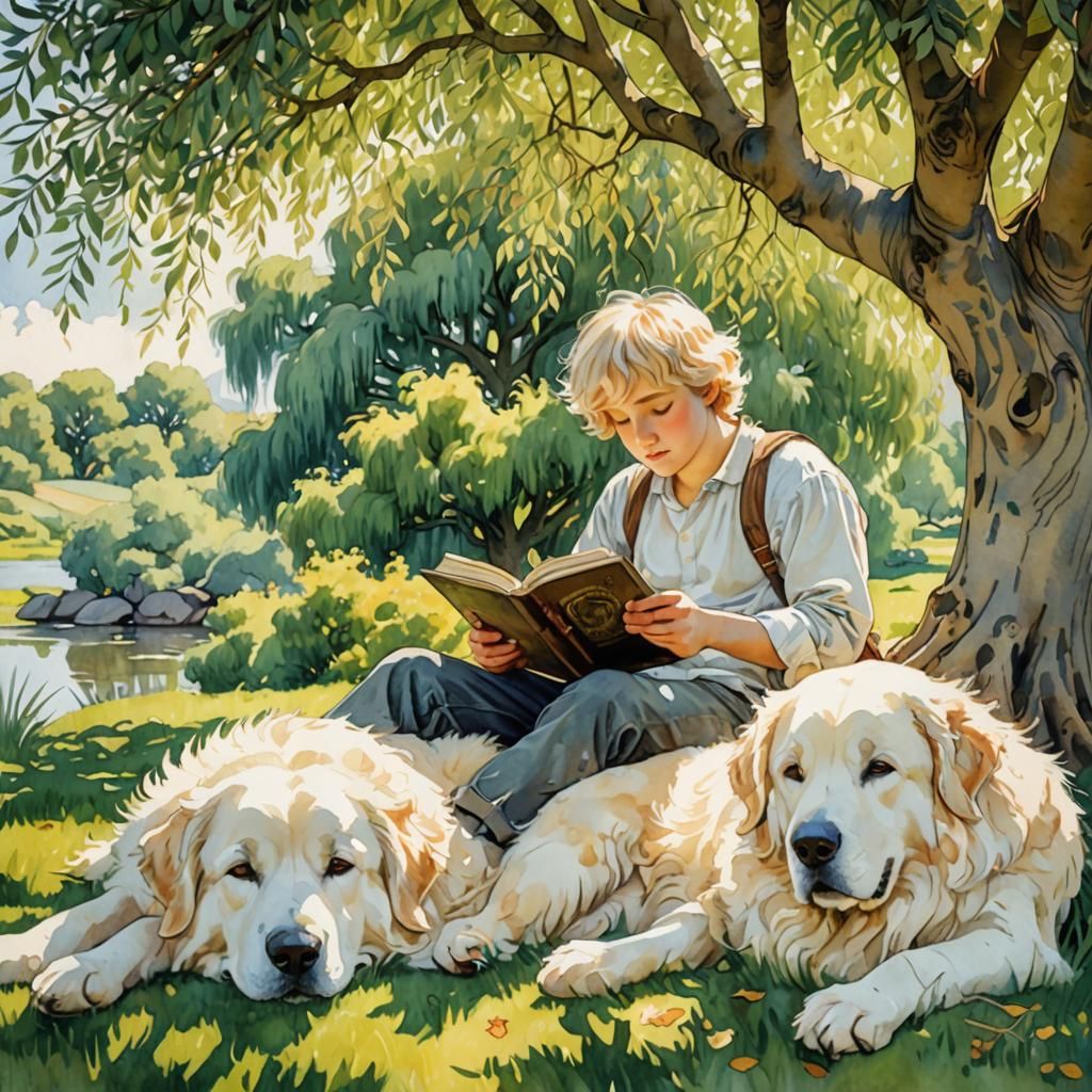 Boy Reading with Dog: Art Nouveau Watercolor