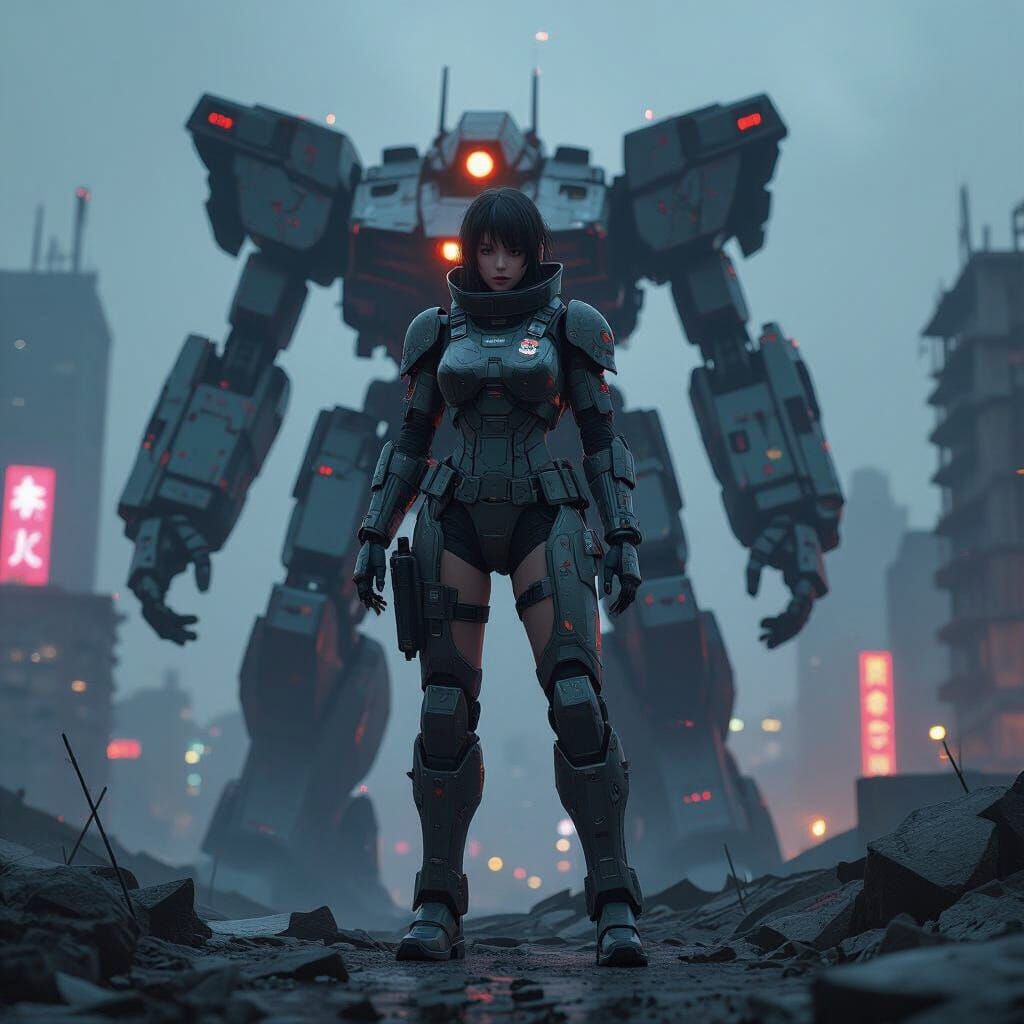 Female Mech Pilot in Ruined Cityscape: Anime Style