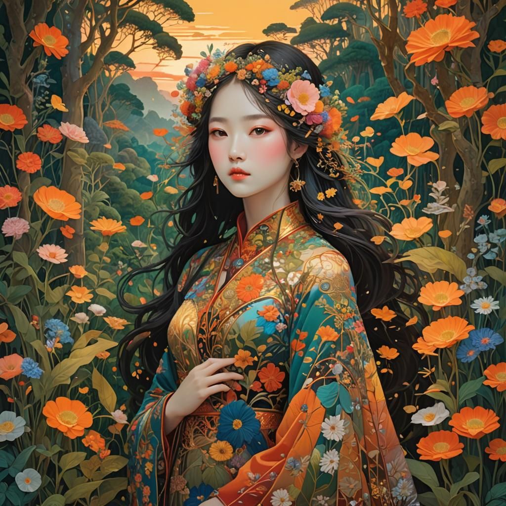 Sunset Woman in Floral Forest, Klimt Style