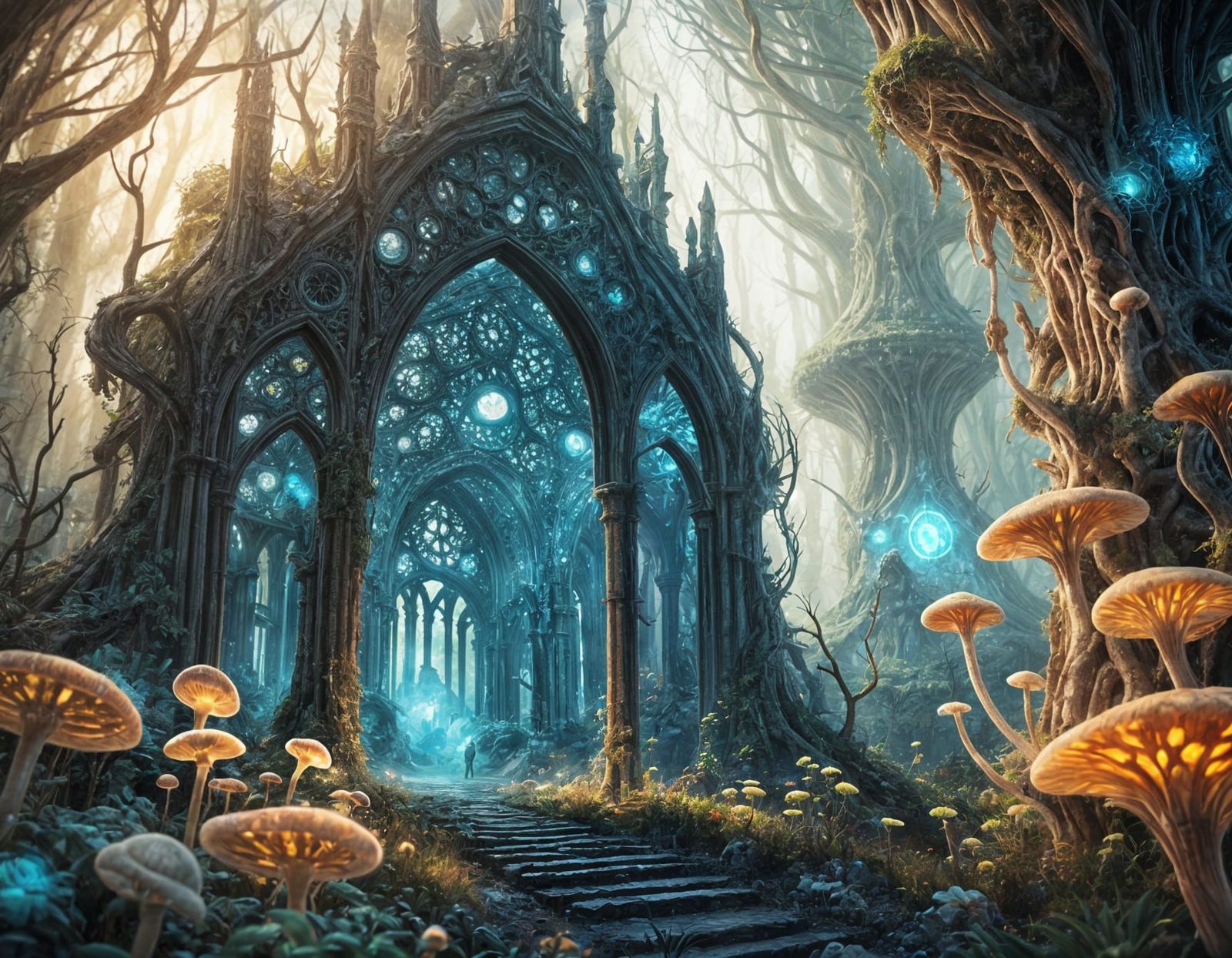 Glowing Mycelium Cathedral in a Bioluminescent Jungle Planet