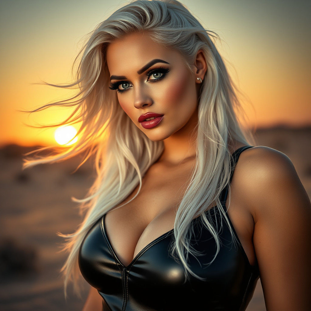Sultry Platinum Blonde Goddess Reigns Over the Desert Sunset