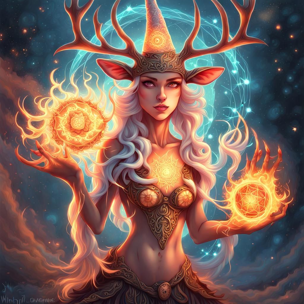 Enchanting Deer-Bear Hybrid Witch Casting Fire Spell