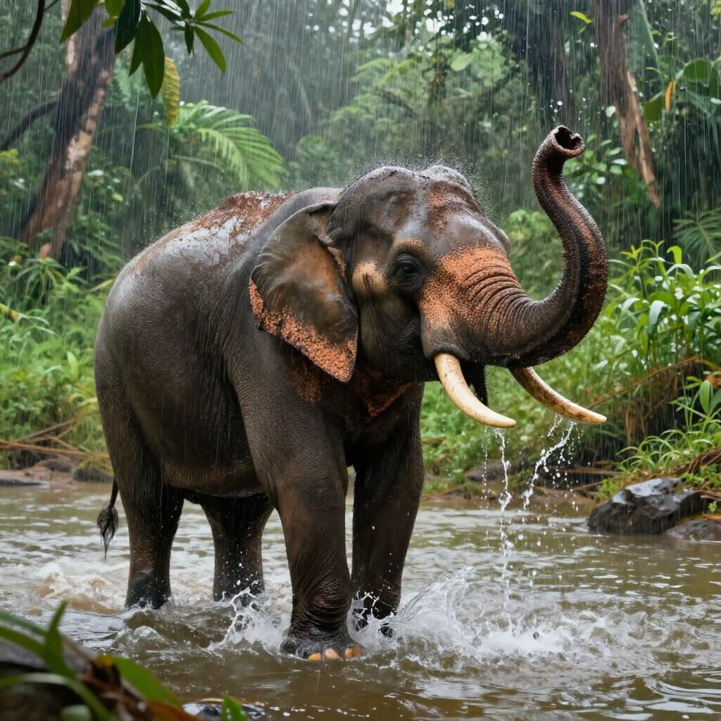 Elephant Splashing in Raining Jungle River
