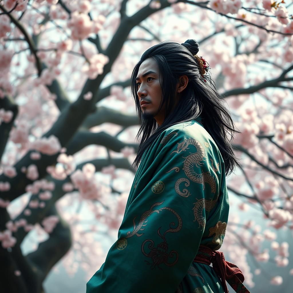 Samurai Contemplates Cherry Blossoms: Digital Concept Art