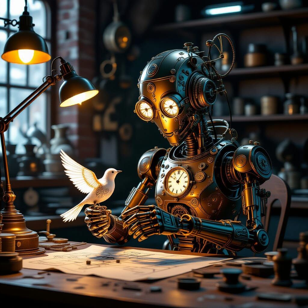 Steampunk Automaton Crafts Clockwork Bird in Workshop