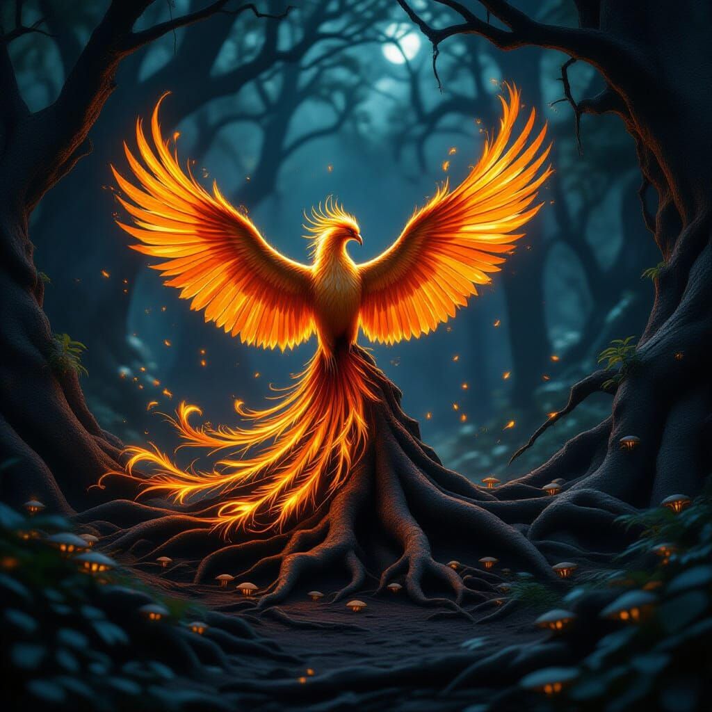 Majestic Phoenix Rises from Enchanted Forest Roots