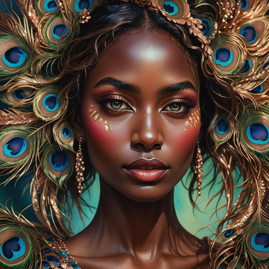 Rose Gold Woman with Peacock Feathers: Digital Portrait