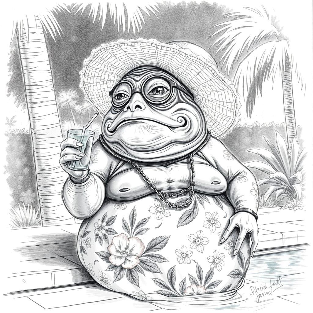 Pencil sketch. Jabba the Hutt wears a floral sundress and sun hat, sipping a mojito by the pool. Medium shot. Leonardo d...