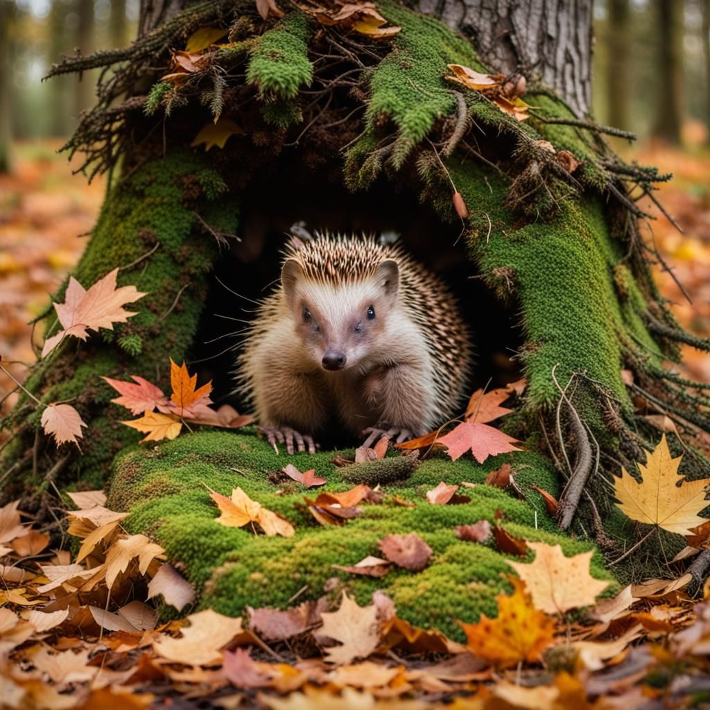Hedgehog Building Autumn Nest Under Spruce Tree