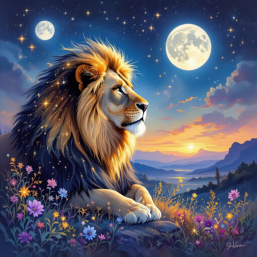 Lion with Starlight Mane in Cosmic Watercolor Style