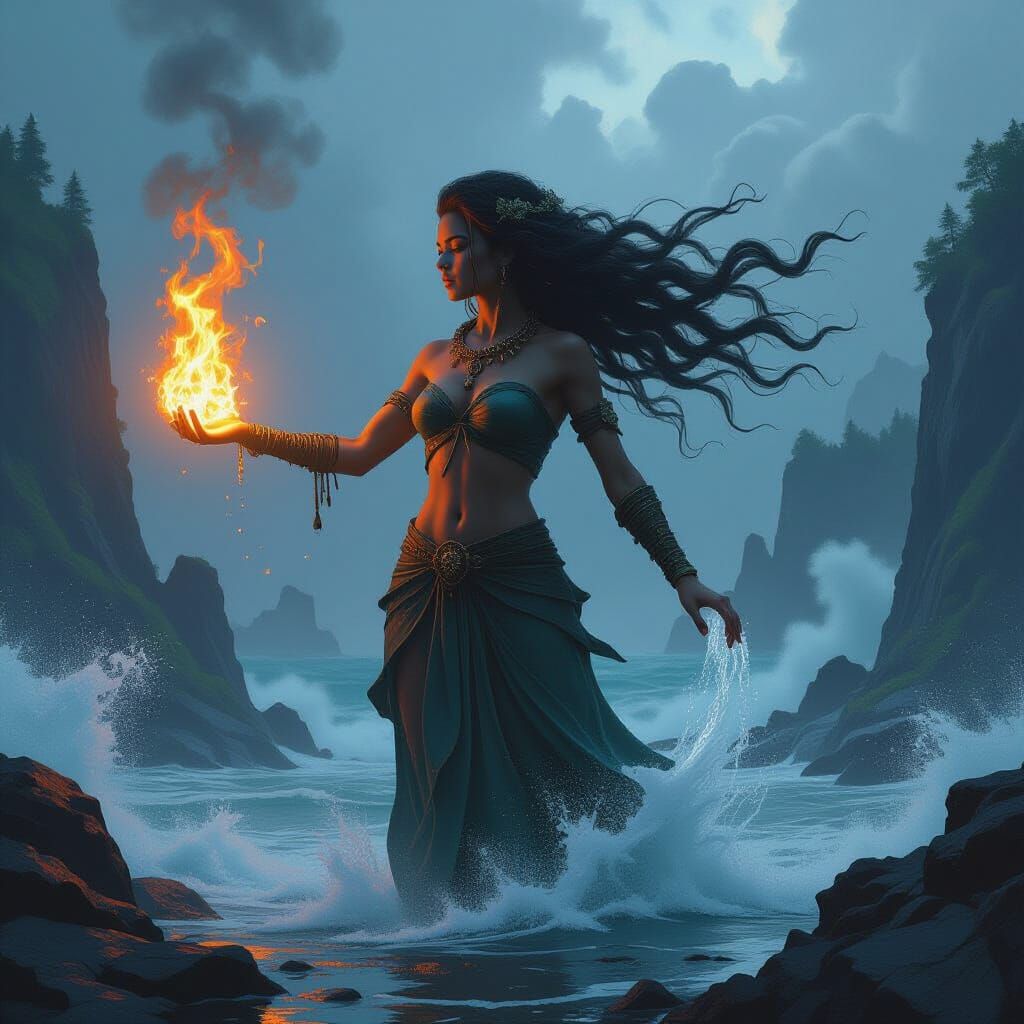 Elemental Figure Amidst Volcanic Cliffs and Stormy Skies
