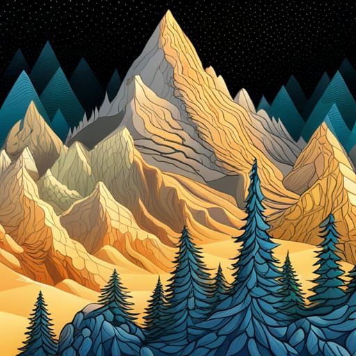 Vector Mountain Scene with Hikers: Illustration Art