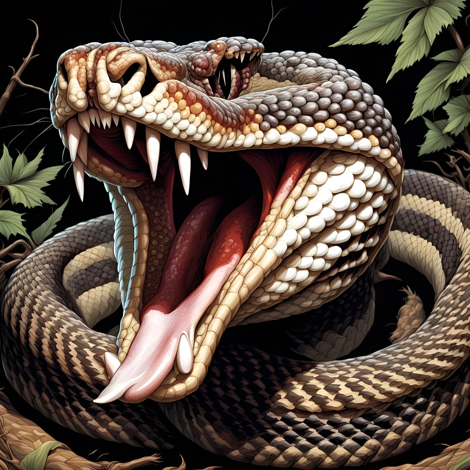 Rattlesnake Portrait with Open Mouth in Comic Book Style