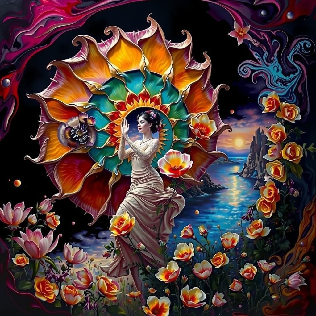 Woman Worshipping Sun in Surreal Impasto Style