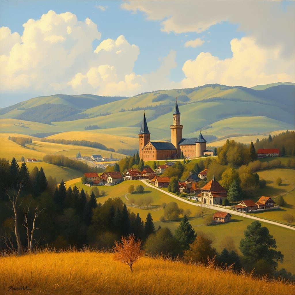 Romanian Landscape with Medieval Castles in 19th Century Sty...