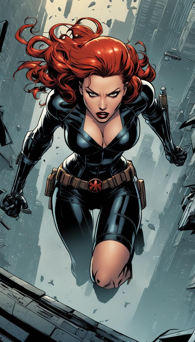 Black Widow Kneeling: Comic Book Art Illustration