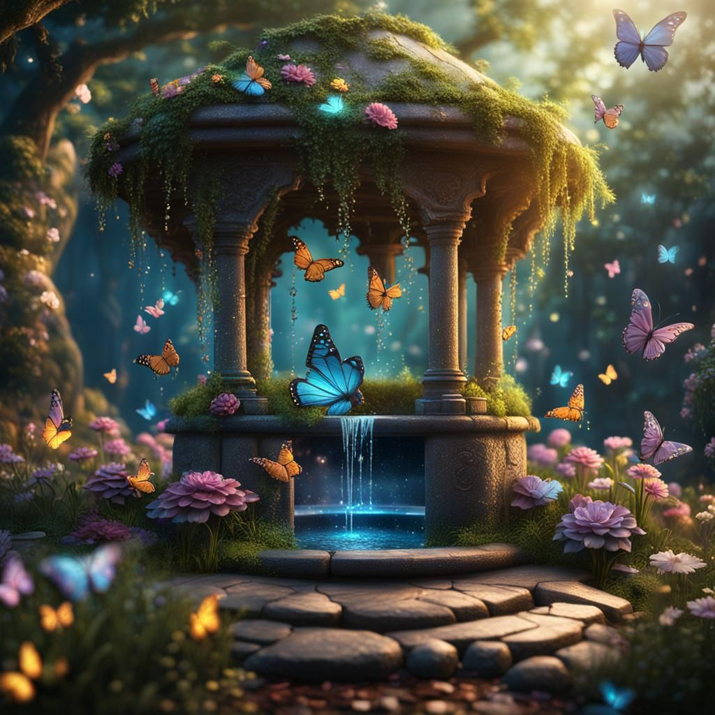 Magical Wishing Well in Fairy Garden, Detailed Matte Paintin...