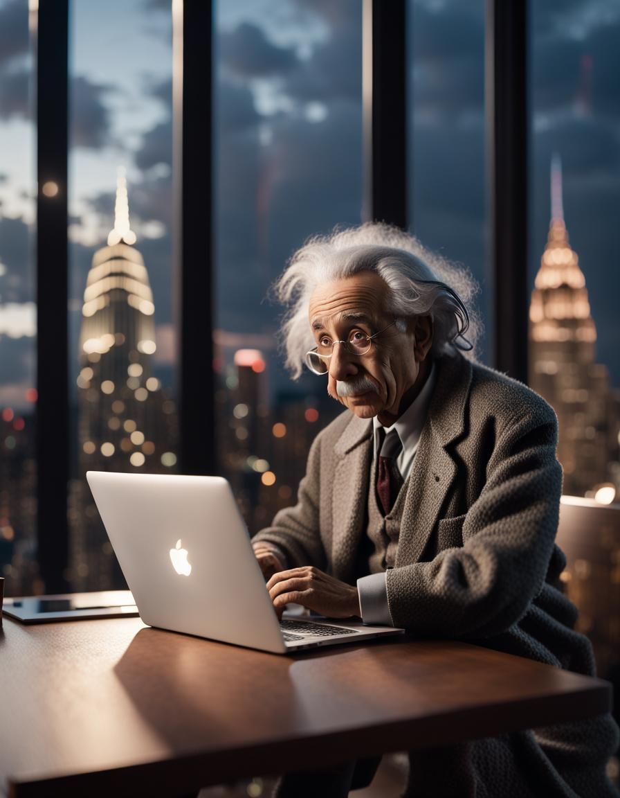 Einstein on Skyscraper with Macbook, Cinematic Photo