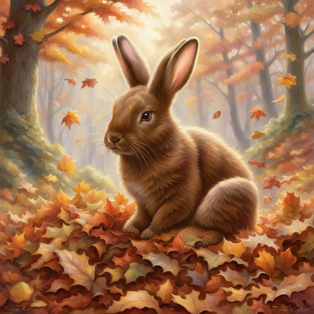 detailed brown bunny playing in a pile of leaves, fall, afternoon,  ethereal fantasy hyperdetailed mist Thomas Kinkade
