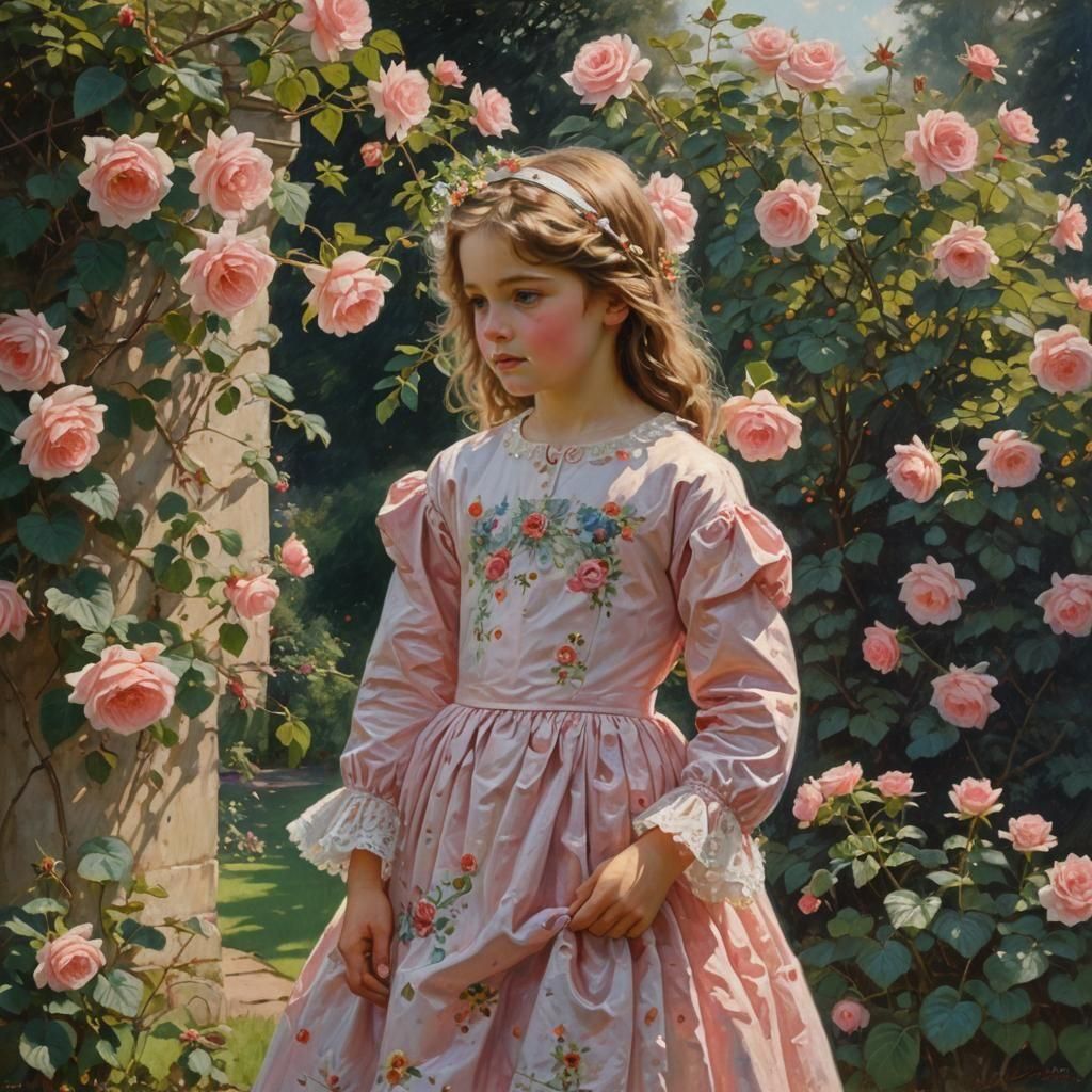 Girl with Dewy Rose in English Garden