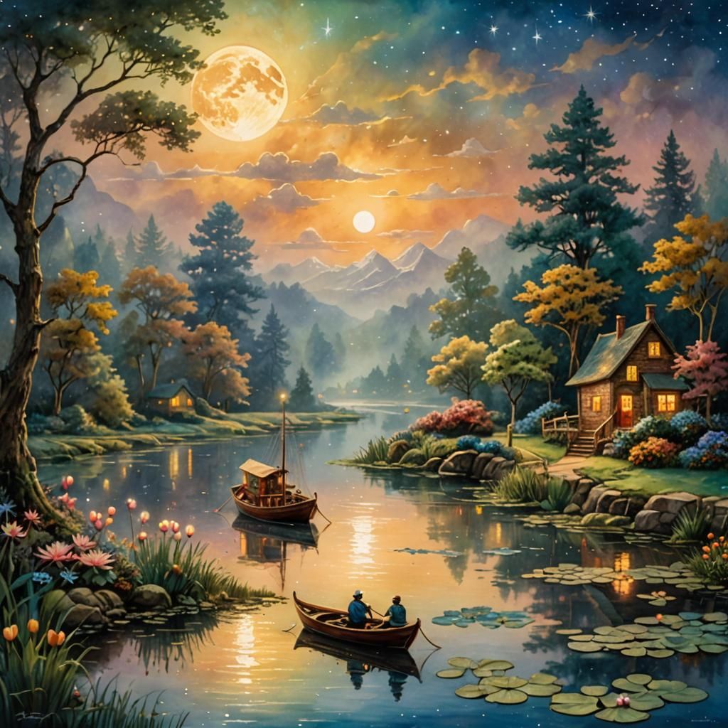 Miniature River Scene with Moon in Watercolor Style