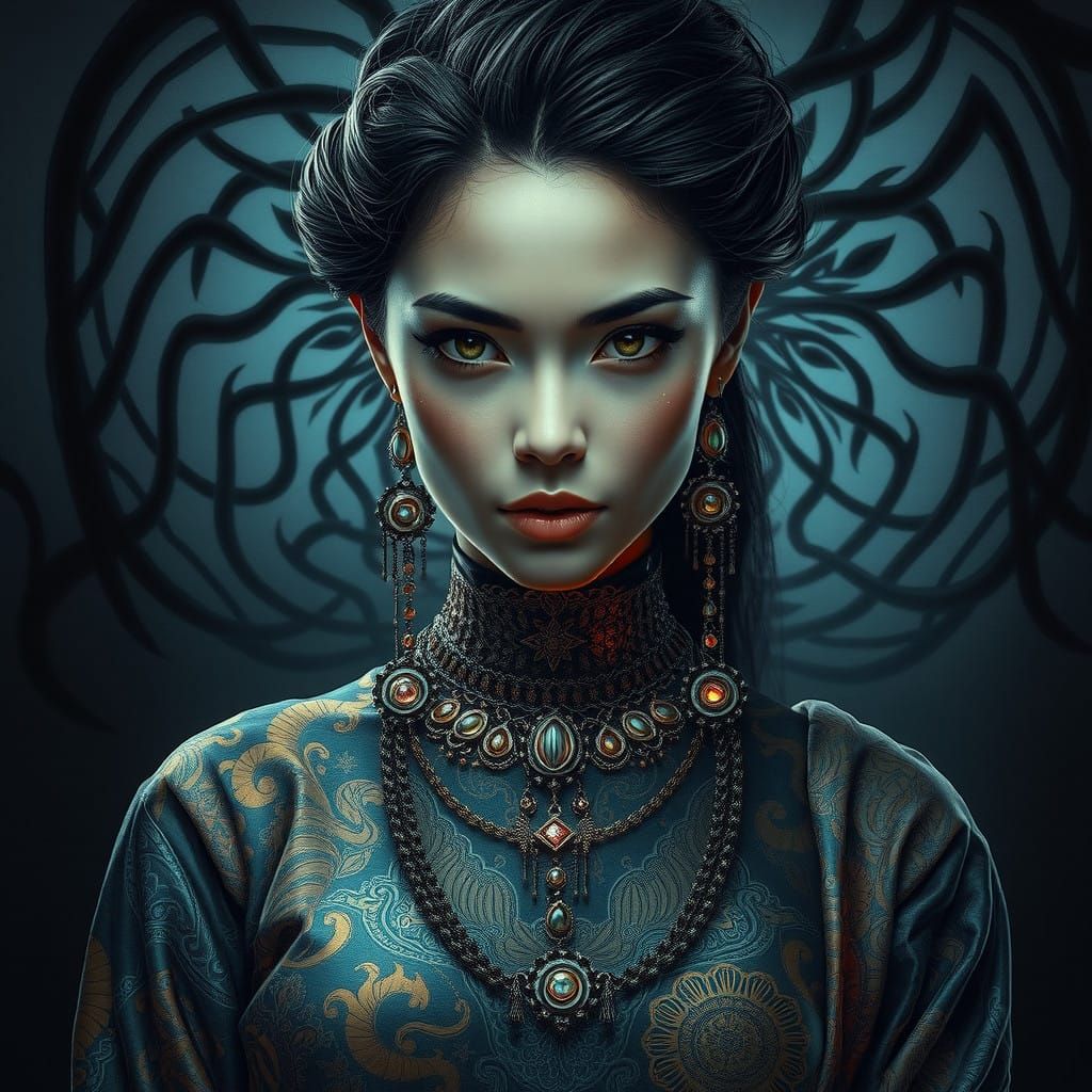 Hauntingly Beautiful Woman in Iridescent, Futuristic Portrai...