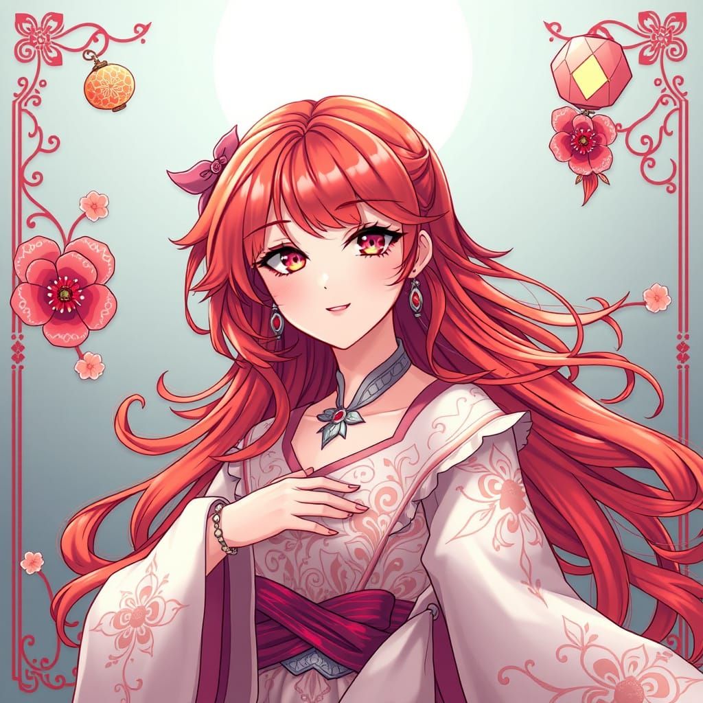 Crimson Manga-Inspired Goddess with Whimsical Details