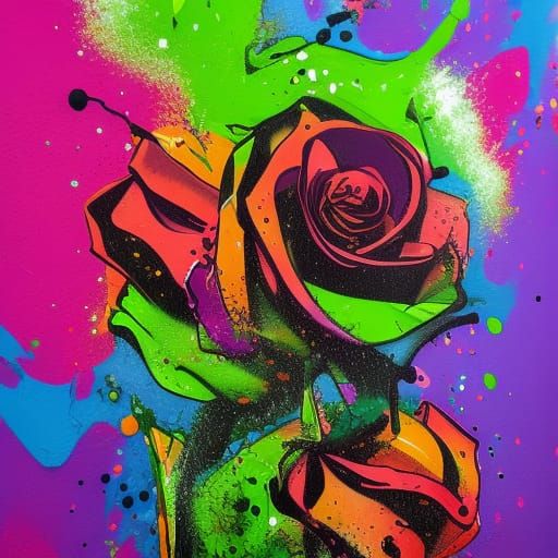 Green Paint Splatter Roses in Graffiti Art Style