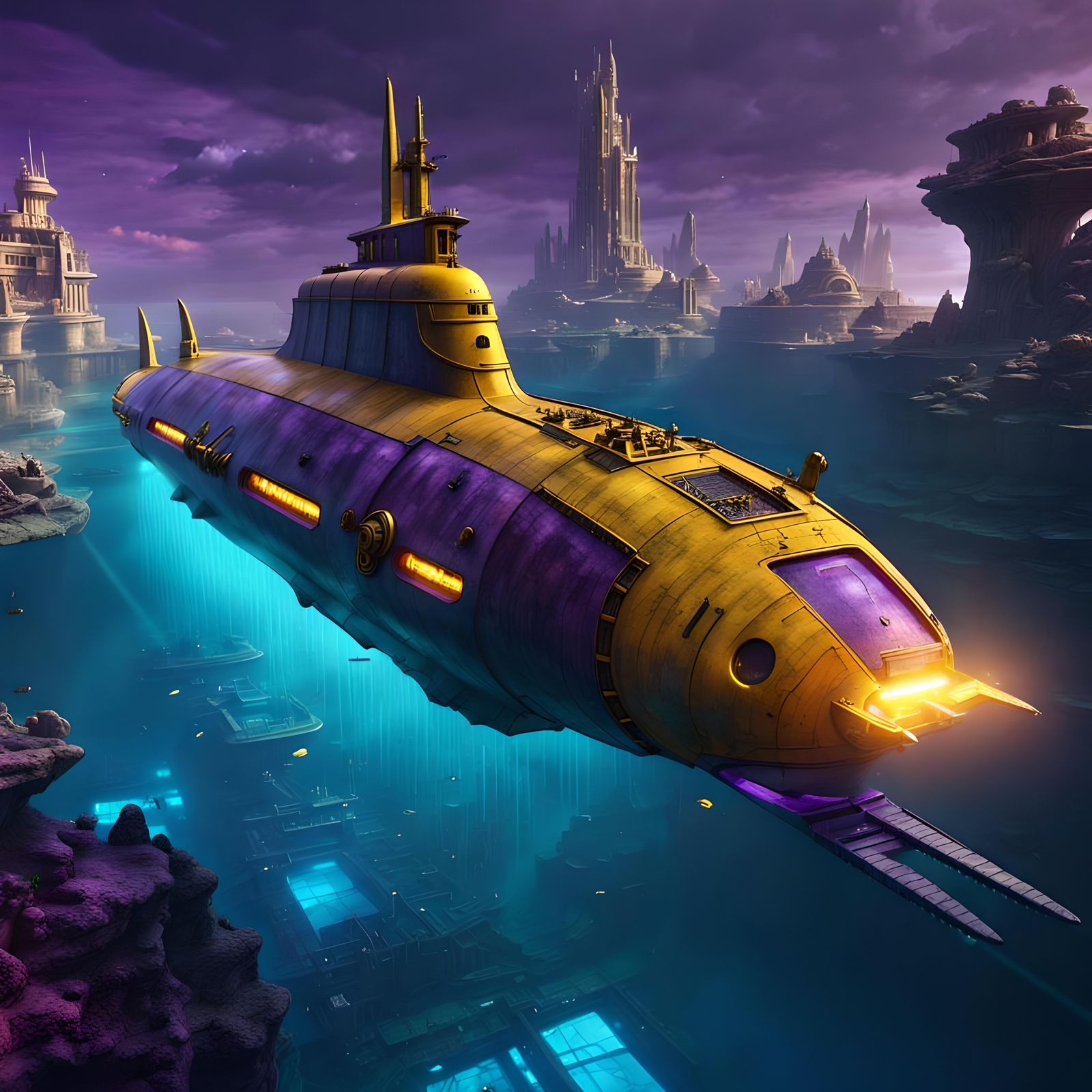 Futuristic Submarine Cruises Sunken Atlantis in Deep Color