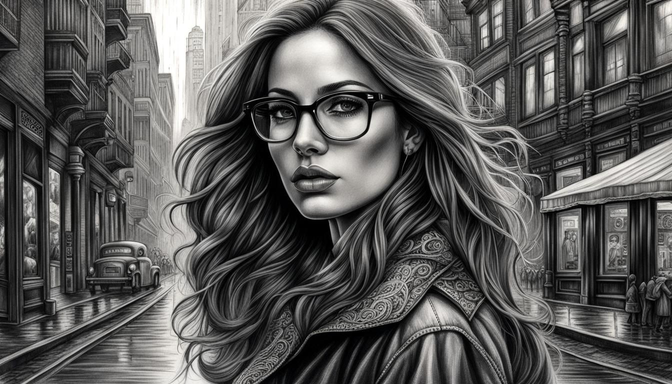 Attractive Woman in Rainy Backstreet: Charcoal Drawing