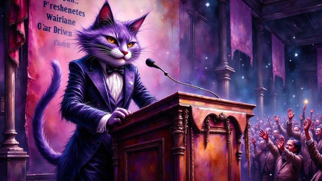 The Cheshire Cat as a slick politician giving a speech.