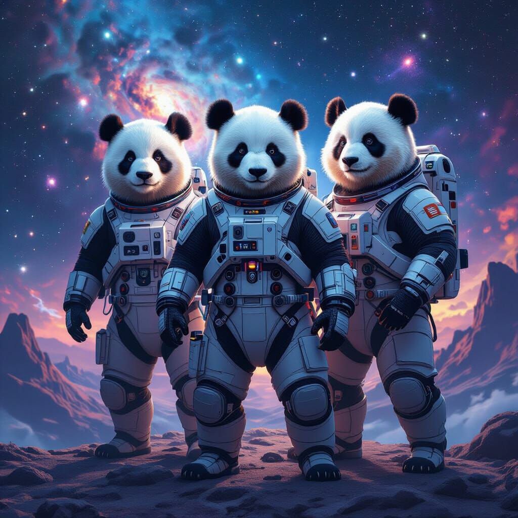 Astronaut Pandas in Moody Galactic Sci-Fi Art