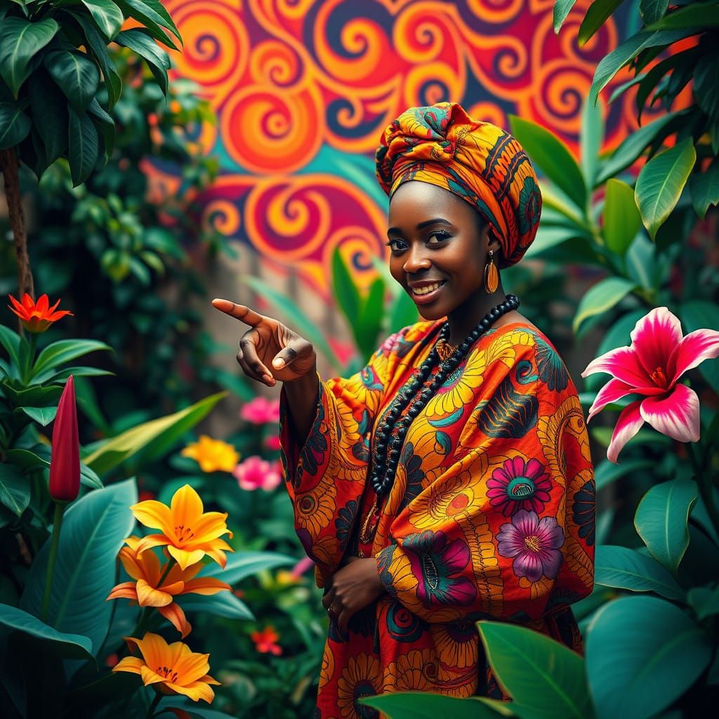 African Woman Enjoys Enchanted Garden with Companion