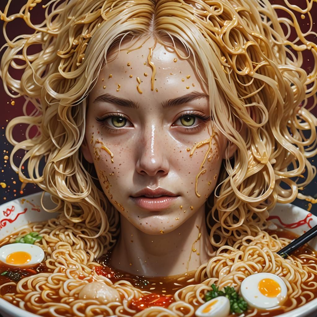 Blonde Woman Bathes in Ramen: Hyperrealistic Splash Art