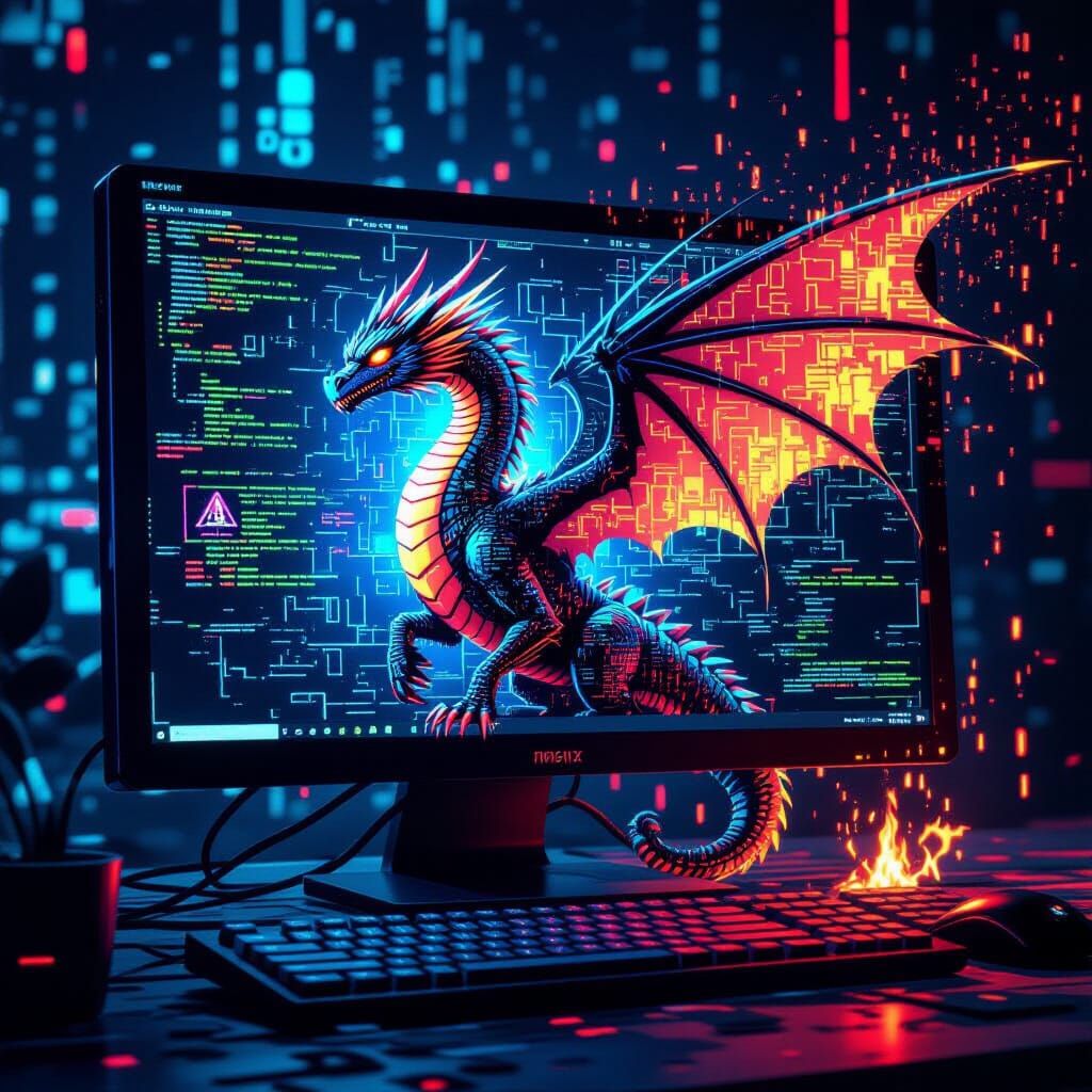 Digital Dragon Glitch Art on Corrupted Screen