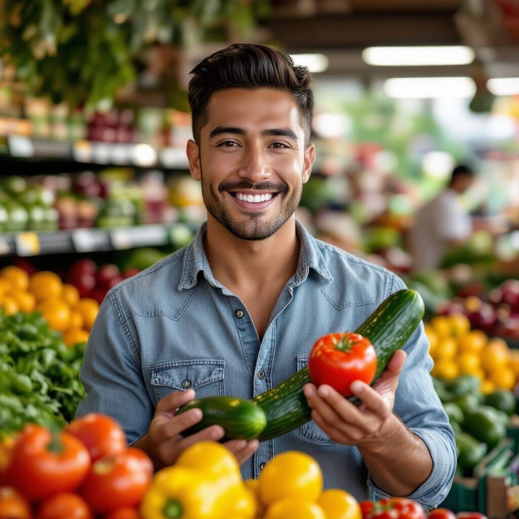 Handsome Man Selects Fresh Produce in Grocery Store