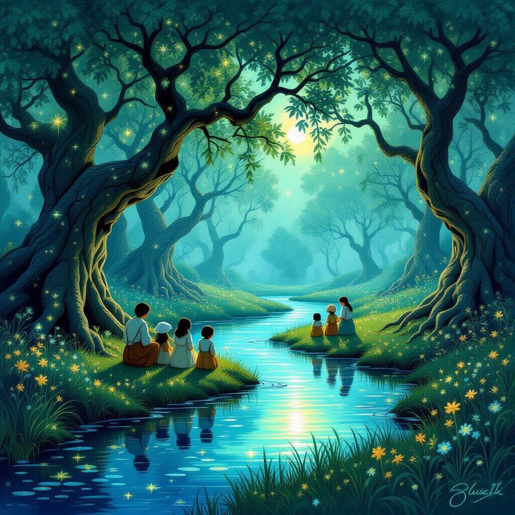 Bioluminescent Marsh Village: Ethereal Folk Art Illustration