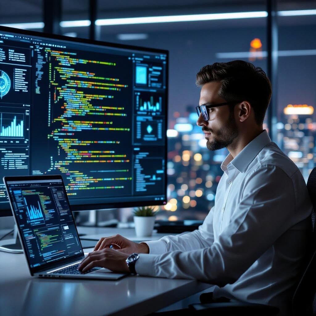 Futuristic Coder in a Modern Office, Inspired by Syd Mead