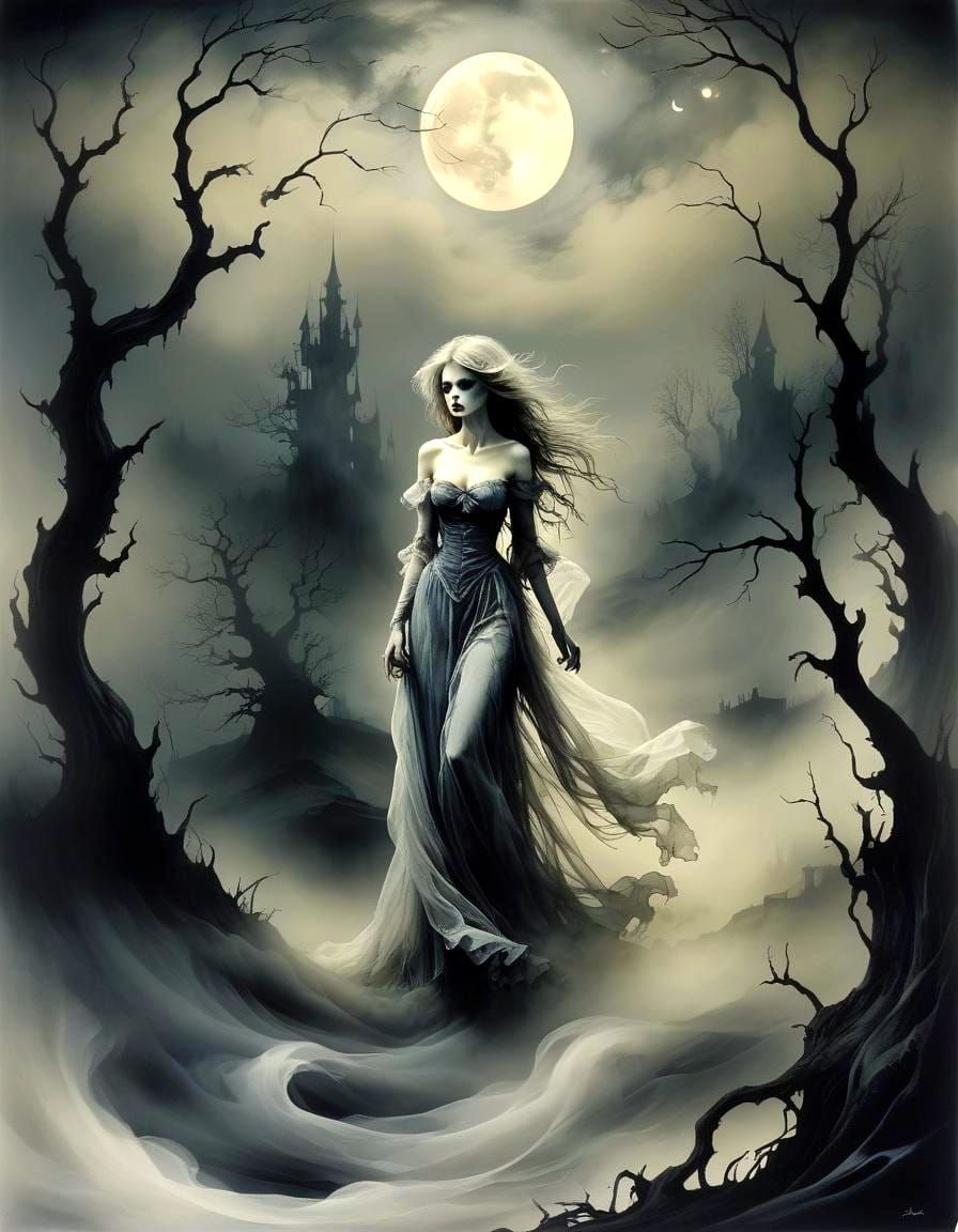 Eerie Banshee in a Nightmarish Moonlit Dreamscape