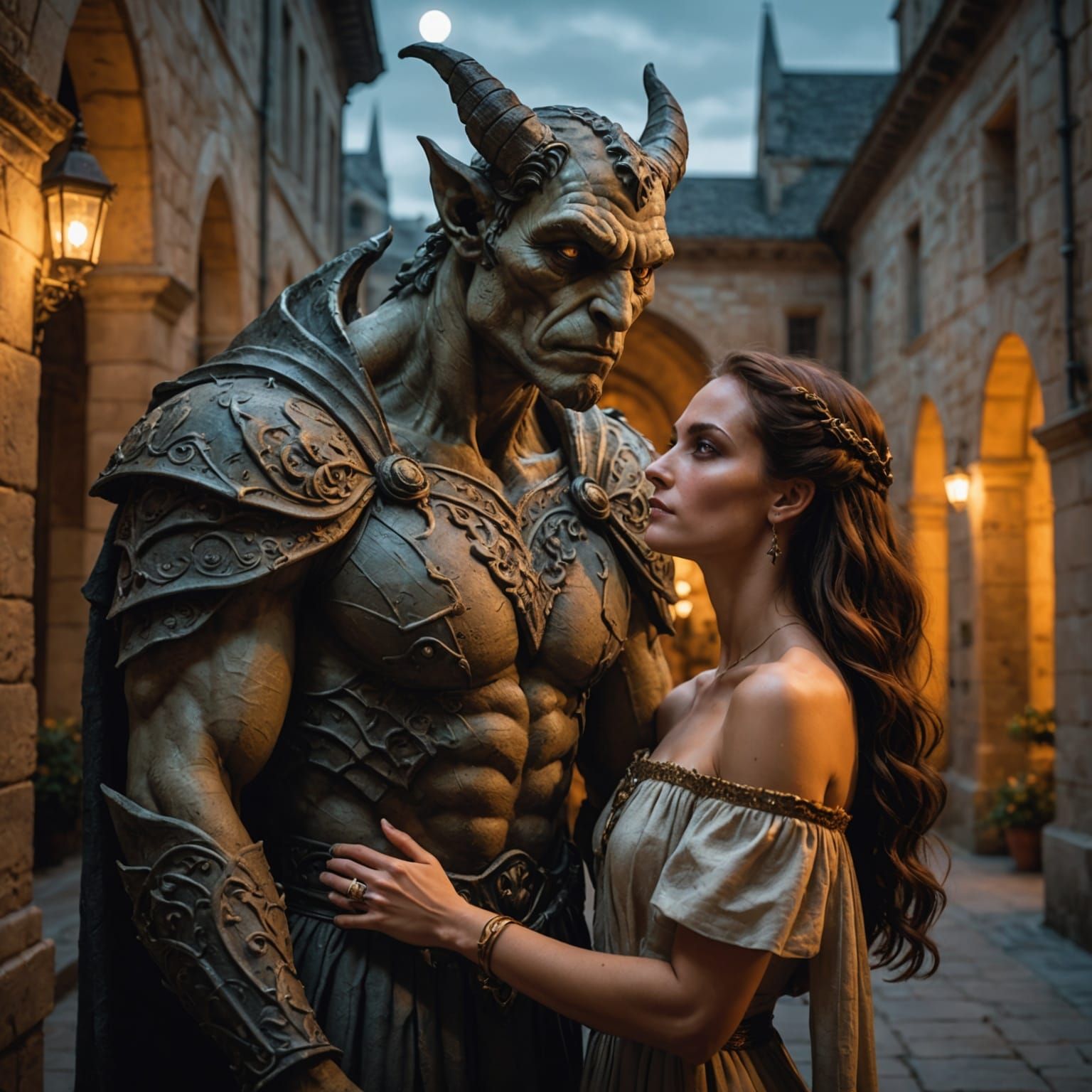 Moonlit Courtyard: Gargoyle and Woman