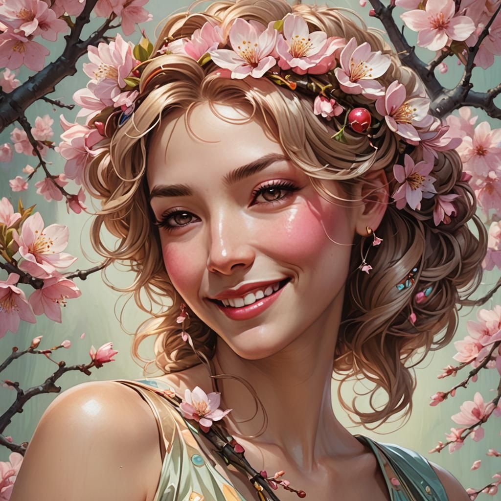 Woman with Cherry Blossom Hairpin in Art Nouveau Style