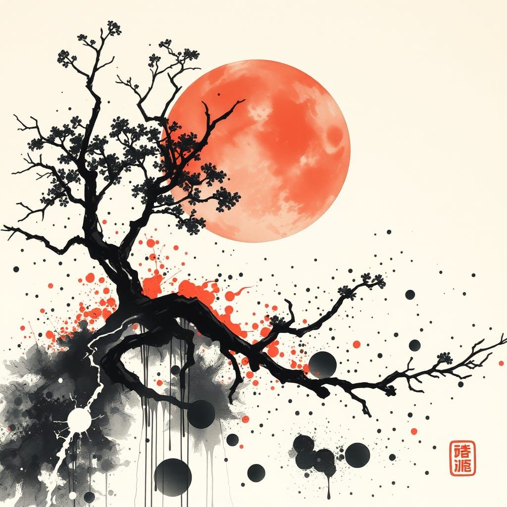 Abstract Japanese Ink Painting with Splash Paint