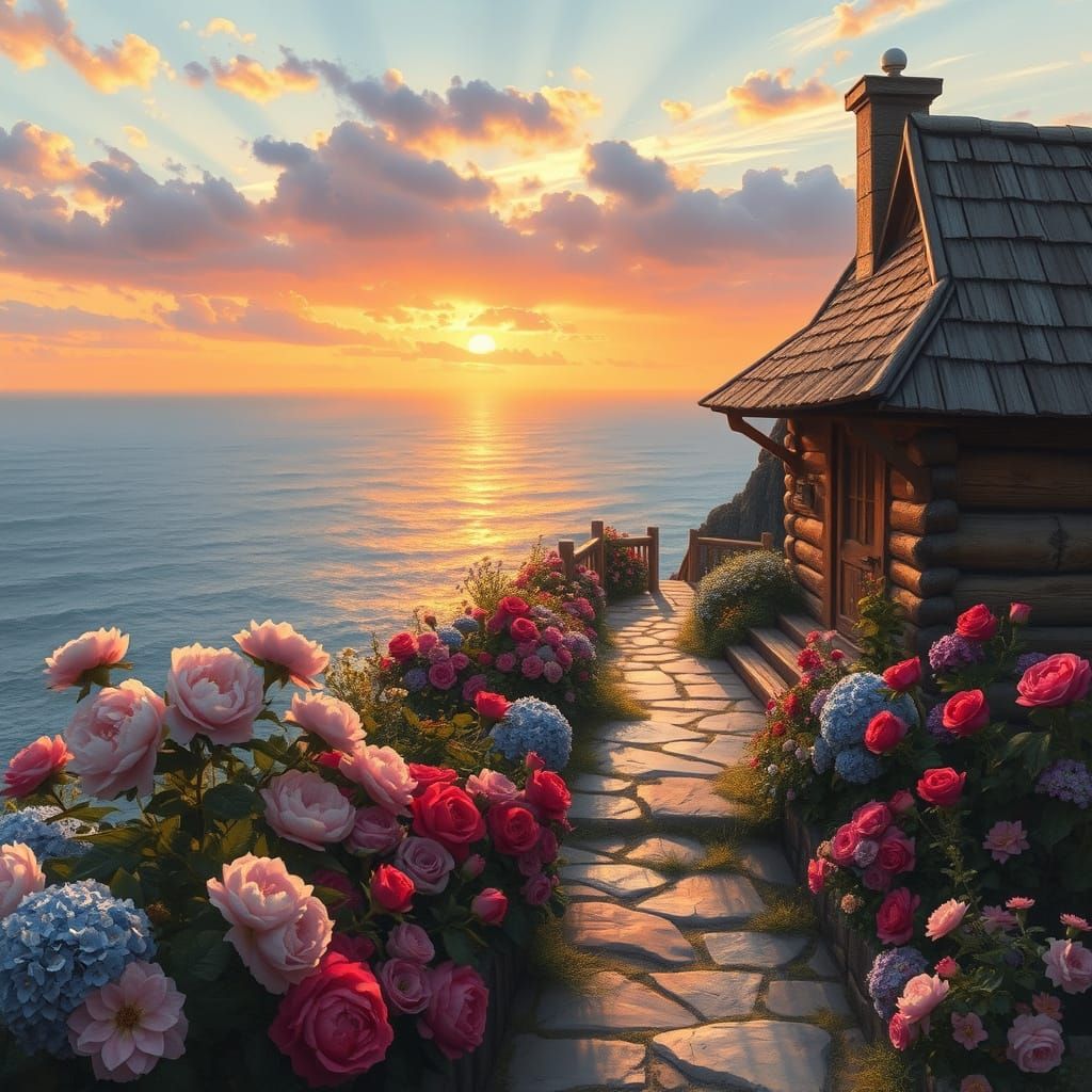 Rustic Coastal Cottage in Impressionistic Style at Sunset