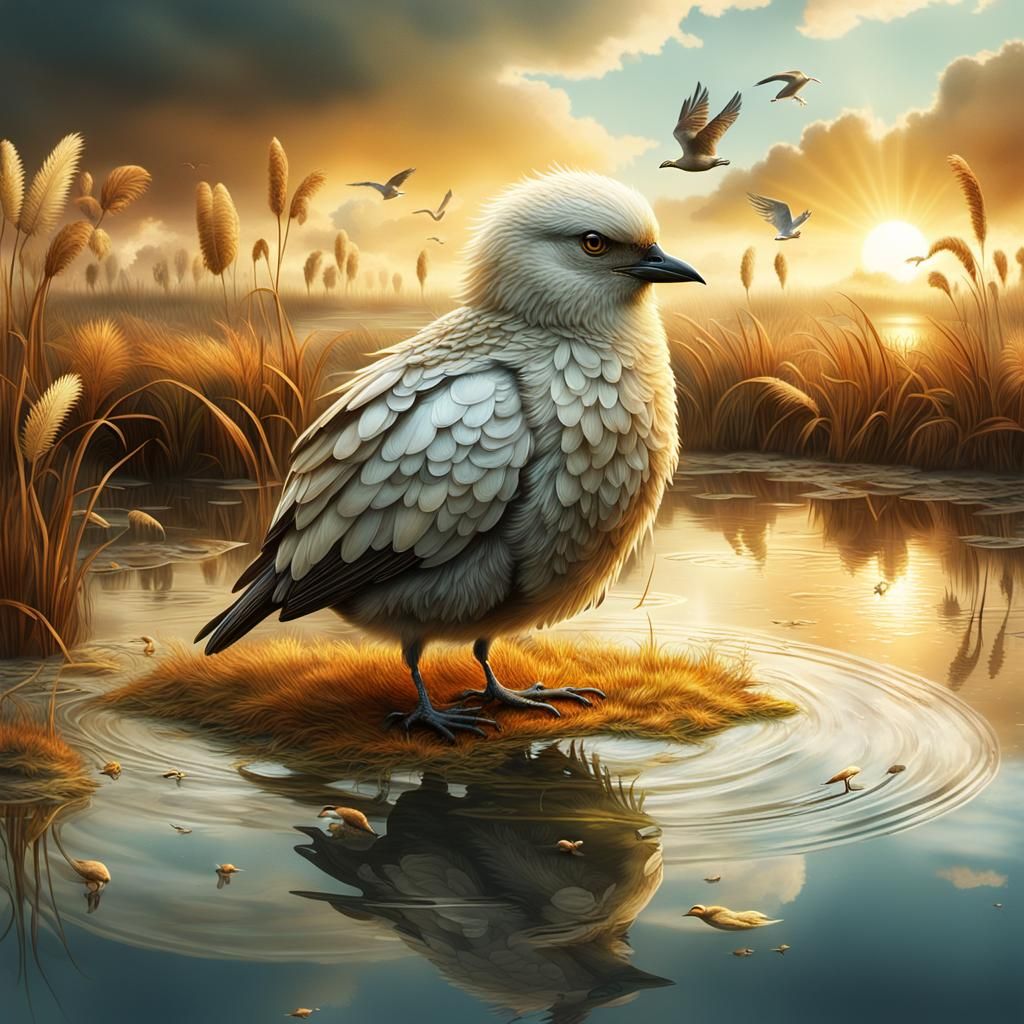 Fluffy Bird Reflecting Wetlands: Digital Matte Painting