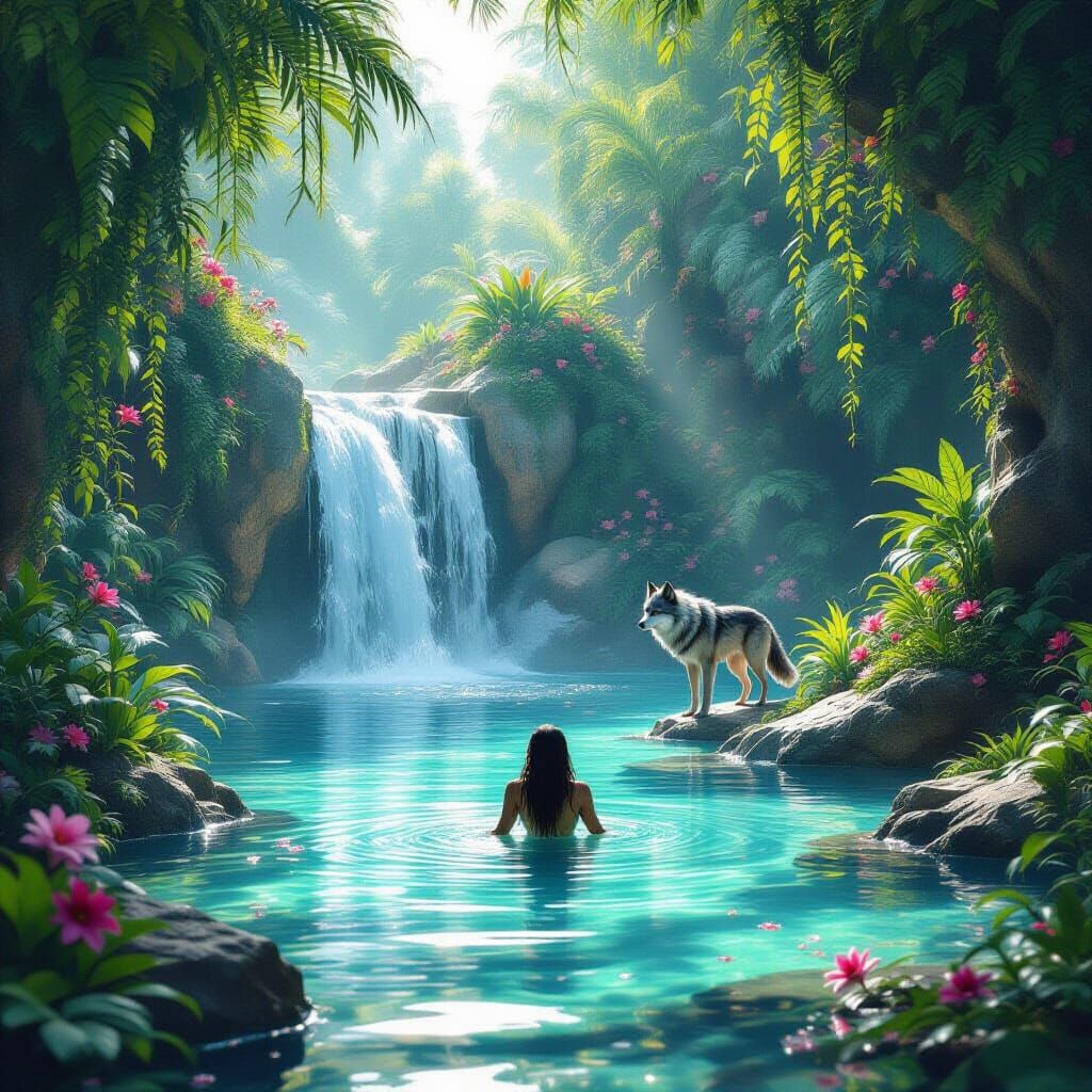 Alien Oasis with Huntress in Hyperrealistic Style