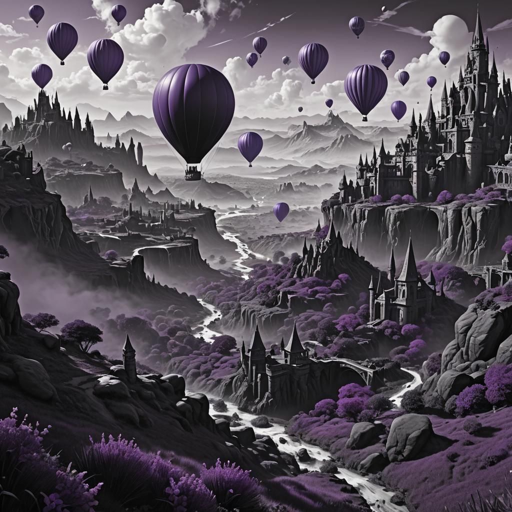 Purple Balloon in Black and White Fantasy Landscape