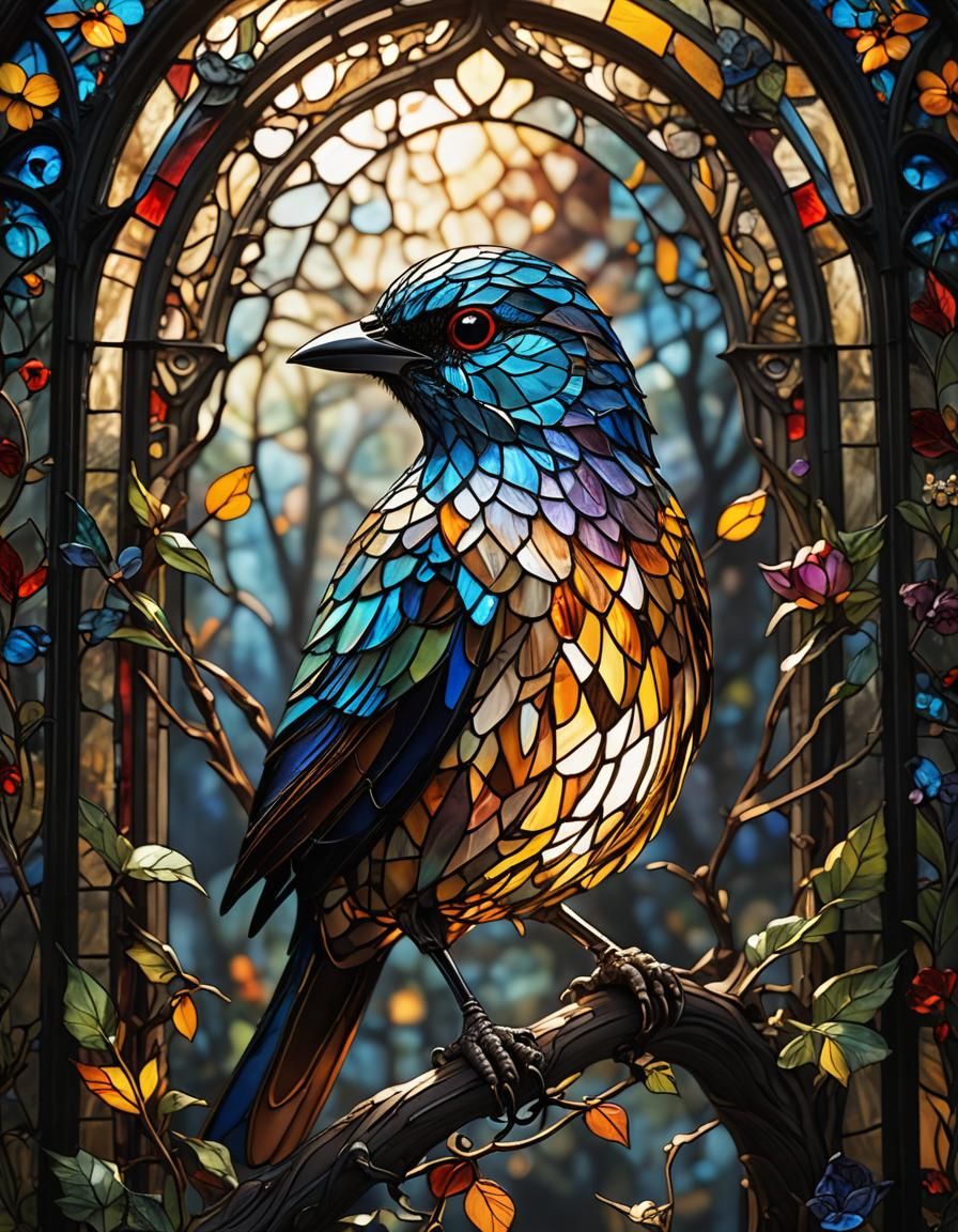 Luminous Stained Glass Bird in Sunlight