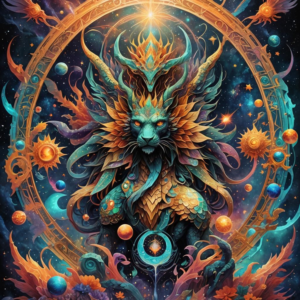 Holographic Cosmic Tiamat Illustration in Astral Style